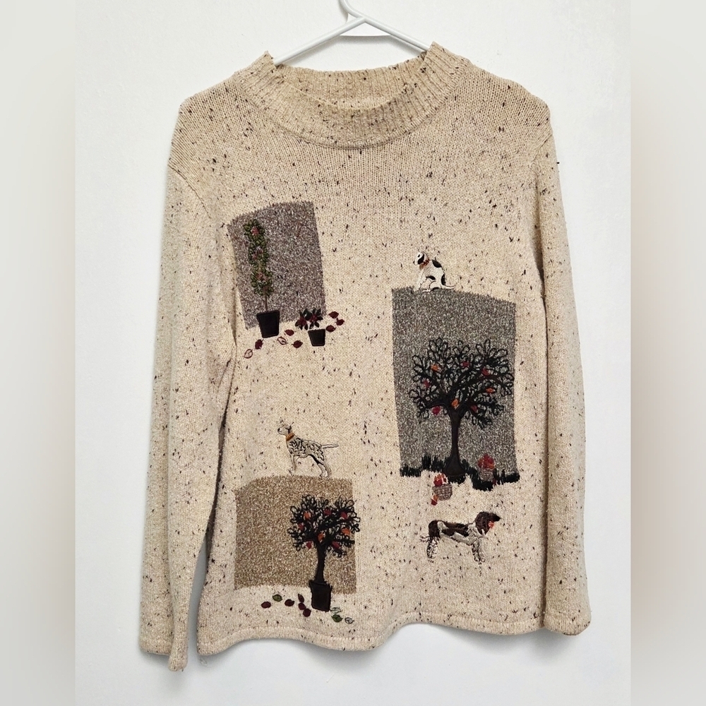 Tanjay Vintage Sz M Cozy Cream Sweater Artistic Novelty Embroidered Design
